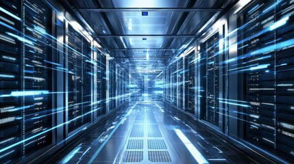 Futuristic data center corridor with glowing server racks and dynamic light trails, illustrating advanced technology and digital infrastructure