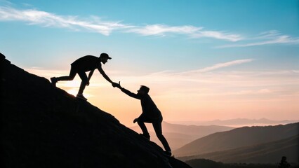 Two Friends Hiking, Helping Each Other Climb a Mountain at Sunset in Beautiful Landscape