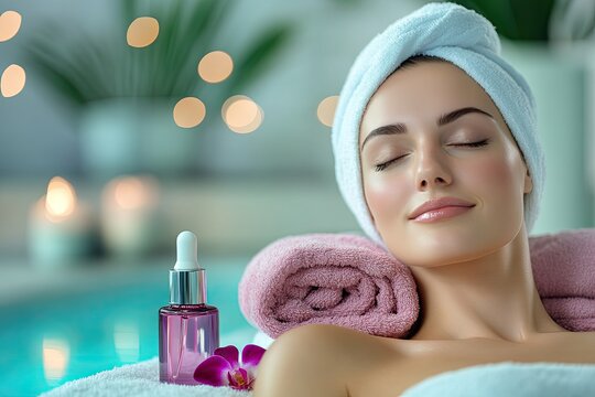A serene spa setting with a woman relaxing on a massage table, surrounded by a tranquil pool, lush greenery, and soft, warm lighting.