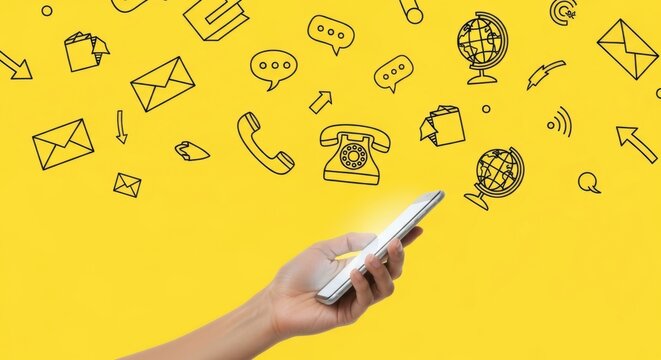 Hand Holding Smartphone with Communication Icons on Yellow Background