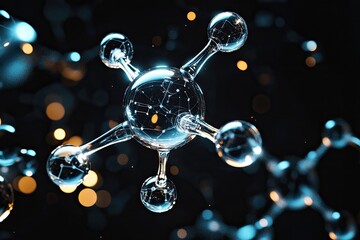 A complex molecular structure composed of interconnected spheres and rods, illuminated by a soft blue light against a dark background.