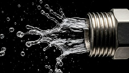 Water spraying from a metal pipe connector, isolated against a black background, highlighting liquid dynamics and pressure