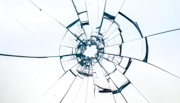 Cracked and broken glass with a hole