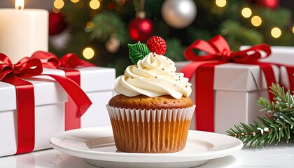 Festive Christmas cupcake with creamy frosting and berry on a plate surrounded by gifts and tree.