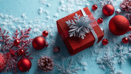 Festive red glitter Christmas gift box with snowflake decoration surrounded by shiny red baubles and faux snow on a blue background