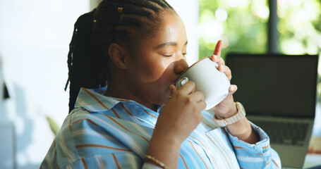 Coffee, morning and black woman in home on break for calm, wellness and relax for remote work....