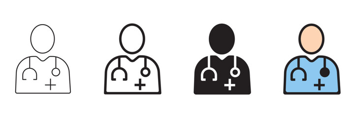 Set of minimalist doctor icons with transparent background, depicting medical staff, healthcare specialists, and general practitioners, vector illustration
