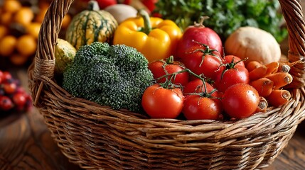 Fresh organic vegetables including red tomatoes and ripe peppers in a wicker basket, perfect for a healthy diet and raw salad ingredient