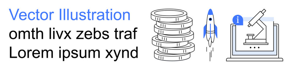 Education tools, scientific research, innovation, technology advancements, financial growth, content design. Stack of coins, rocket and microscope with informational text. Education tools