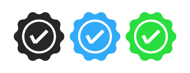account verify icon, verified badge icon with check mark tick symbol : confirmed, approved, verification icons
