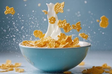 A bowl of cereal with milk splashing out, creating a dynamic and visually appealing scene.