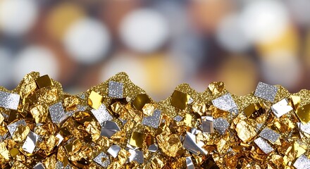 Close up macro view of sparkling gold and silver metallic flakes creating a textured abstract background