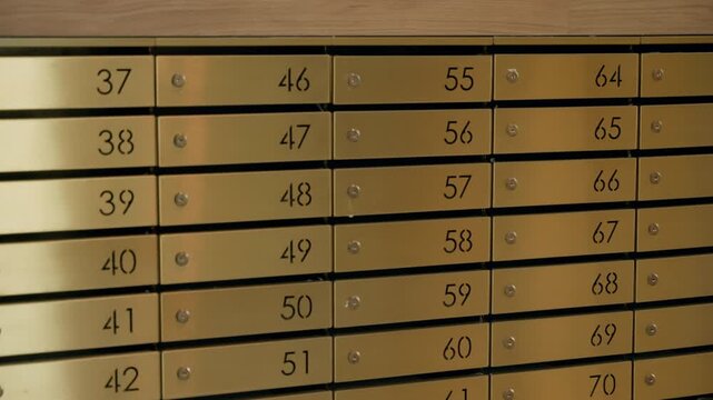 Close-up view of rows of brass numbered lockboxes arranged in a grid along a wooden wall, evoking the secure feel of a vault or bank storage with plates and metallic sheen.