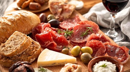 Delicious charcuterie board with cured meats, cheeses, olives, and bread perfect for a sophisticated gathering or restaurant promotion. Food photography
