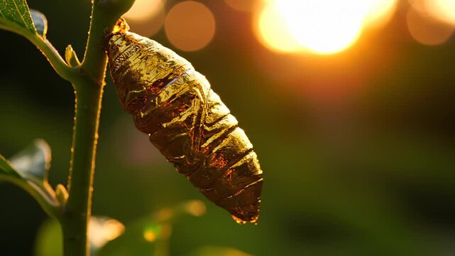 Chrysalis Hanging on Stem, Illuminated by Sunlight