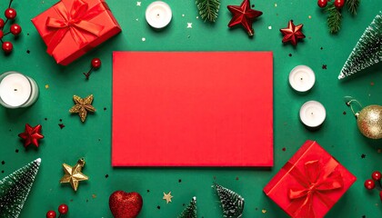 Festive Christmas flat lay composition with red gifts ornaments candles and pine branches on a green background.