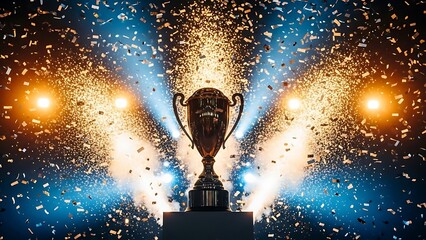 Iconic championship trophy gleaming under a brilliant spotlight, surrounded by a celebratory shower of golden confetti, signifying a monumental accomplishment and ultimate success