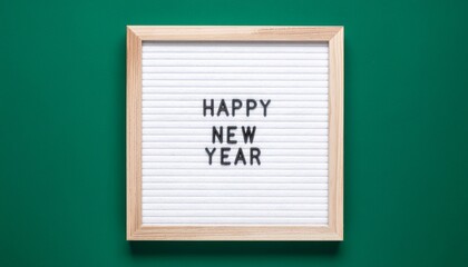 A festive Happy New Year message displayed on a white letter board with a wooden frame, shown in a top-down view against a simple green background