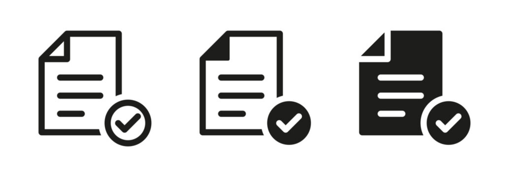 Document file with a check mark icon set. for business, approval, verified, accepted, and successfully completed task or data symbols. Ideal for forms, contracts, and task completion themes