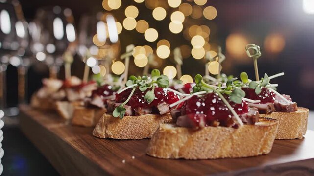 Gourmet appetizer canape platter with festive bokeh background