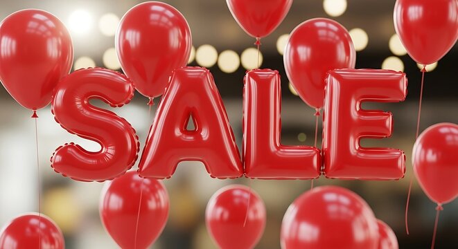 Giant red balloons spell out sale above a blurred background of lights and more balloons - Powered by Adobe