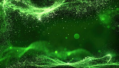 Abstract green glowing particles and energy streams in dark space.