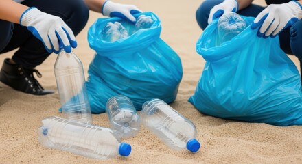 Volunteers collecting plastic bottles on the beach for recycling.
