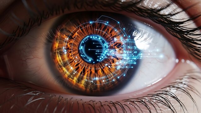 Futuristic Cybernetic Eye with Digital Network Overlay, Representing Technology and Vision