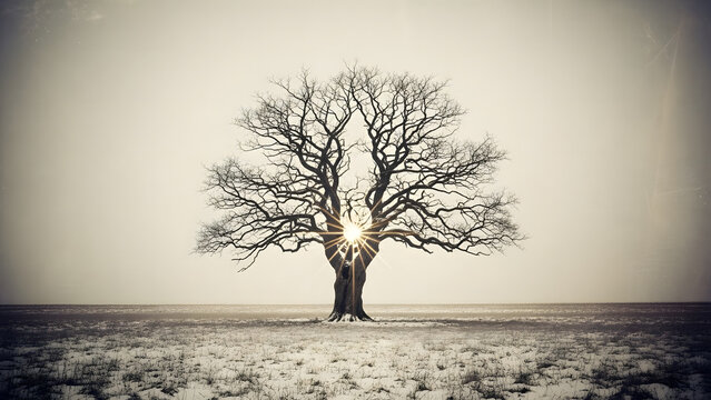 Solitary tree stands bare in a field, light shining through its branches, creating a serene, minimalist landscape.