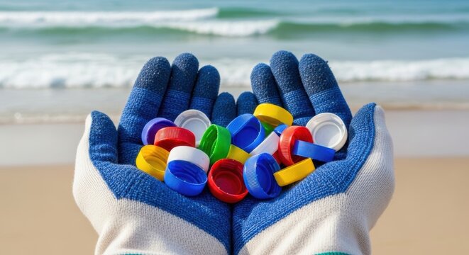 Hands Collecting Plastic Bottle Caps on Beach for Ocean Cleanup