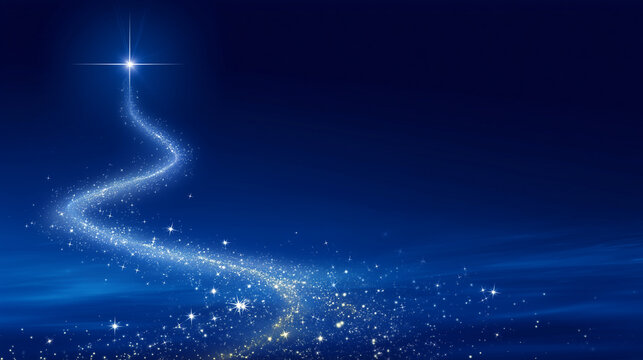 a starry, magical trail leading to the right, with a blue background and glowing stars and sparkles, leaving space for text or design elements. a magical, sparkling effect on a dark blue background, i