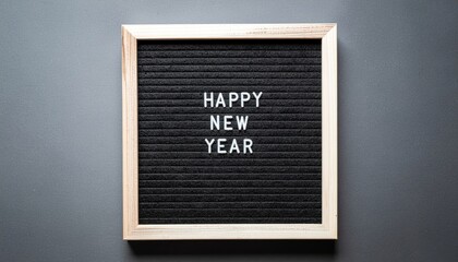 Top-down view of a simple black felt letter board with a wooden frame spelling out the festive message Happy New Year on a grey surface