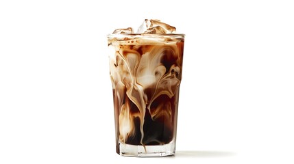 Iced coffee with swirling cream and ice cubes stands isolated on a crisp white background.