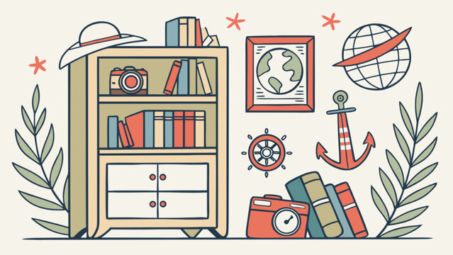 Travel and adventure themed hand-drawn illustration featuring a bookshelf, camera, world map, globe, anchor, and ship's wheel, symbolizing exploration and journeys. - Powered by Adobe