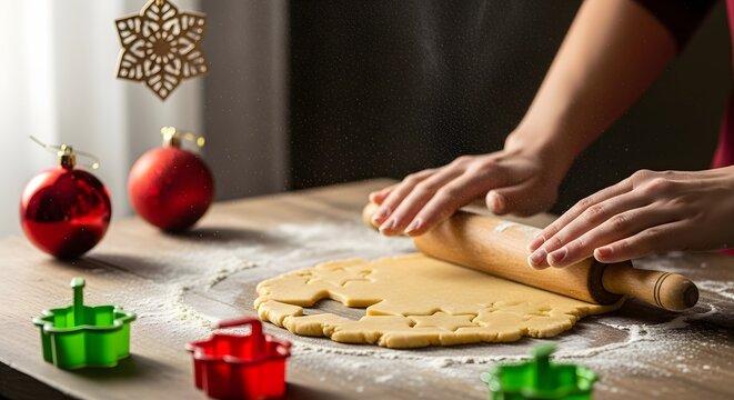 Close-up of hands pressing cookie cutters into rolled dough with festive ornaments in the background.