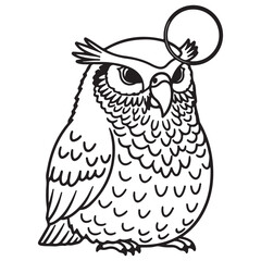 Black and White Stylized Owl Line Art Illustration with Ring Element
