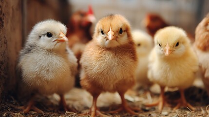 Obraz premium Cute newborn baby chicks, chickens, and ducklings, small fluffy yellow farm animals isolated on white