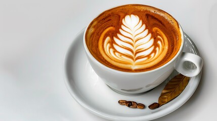 Detailed latte art in a white ceramic cup and saucer is isolated on a white background.
