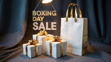 Boxing day sale promotion with gift boxes and shopping bag display