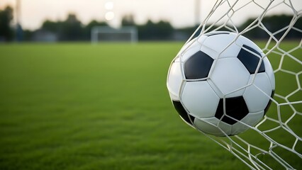 Soccer Ball Nestled in Net Close-Up of a Winning Goal with Stadium Backdrop