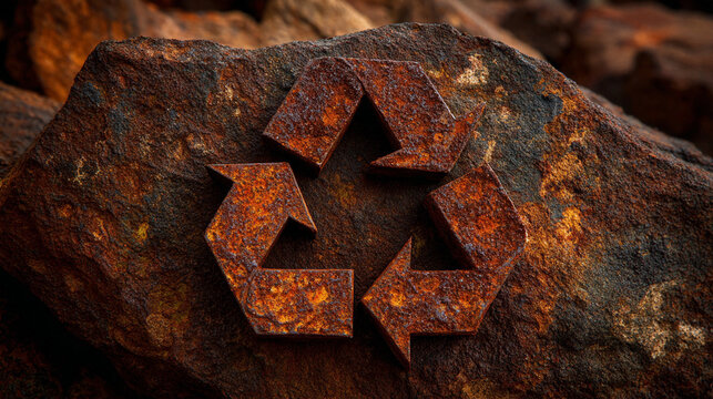 Rusty metal recycle symbol on a textured surface, symbolizing sustainability, environmental awareness, decay and renewal, industrial aesthetics, and the enduring concept of recycling in a raw, tactile