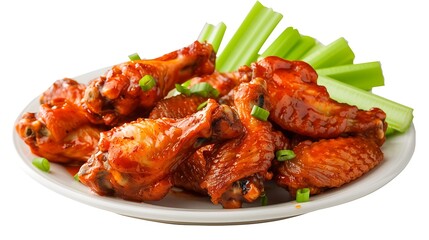 Buffalo chicken wings with celery sticks isolated on a white background for restaurant menus.
