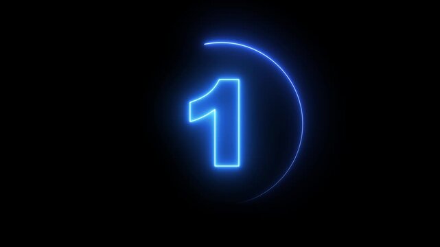 Neon bright glowing countdown timer from 5 to 0 seconds. Neon glowing countdown timer 5 second animation .Neon Countdown on black background. Neon bright glowing countdown timer 