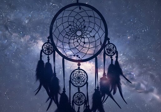 Dreamcatcher silhouette hanging under a vibrant Milky Way starry night sky - Powered by Adobe