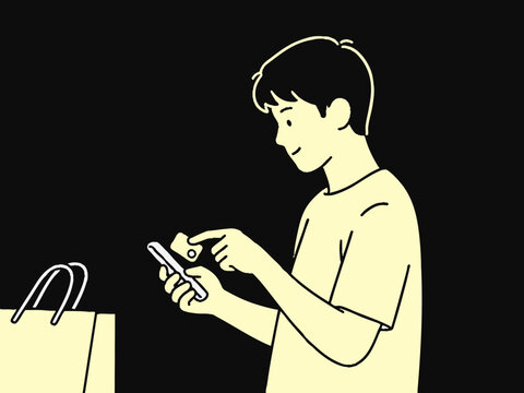 A simple illustration of a man making a cashless payment. Smart. Payment.