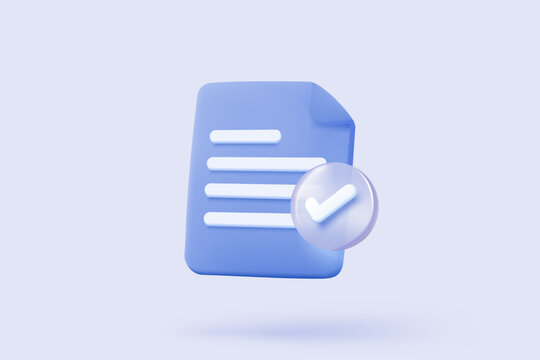 3d icon file task management todo check list, assignment and exam paperwork, work on organization, progress feedback, administration survey. 3d clipboard tick check icon vector render illustration