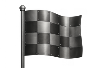 Metal racing flag waving, heavy steel checkered finish line banner for competition, success, and winning concept