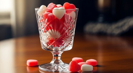 Festive heart shaped candies fill ornate glass goblet on wooden table