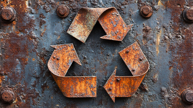 Rusty metal recycle symbol on a textured surface, symbolizing sustainability, environmental awareness, decay and renewal, industrial aesthetics, and the enduring concept of recycling in a raw, tactile