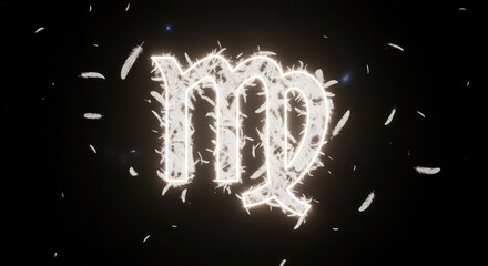 Elegant virgo zodiac sign design with feathers and ethereal glow against a dark backdrop